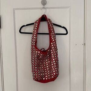 Red Leather silver Studded Women's Bag